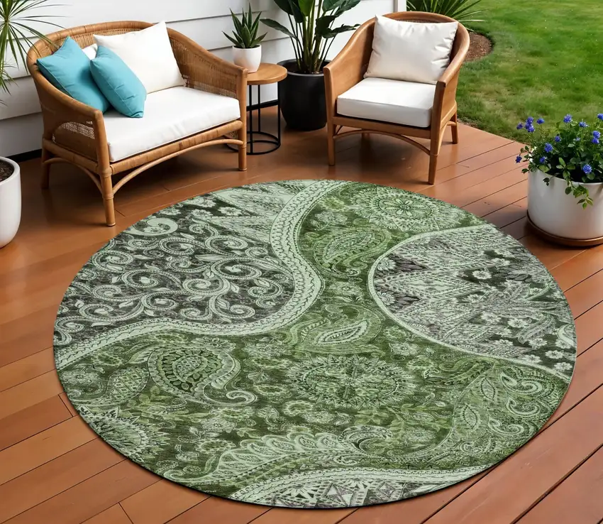 8' Olive Green Charcoal And Gray Round Floral Medallion Washable Indoor Outdoor Area Rug Photo 1