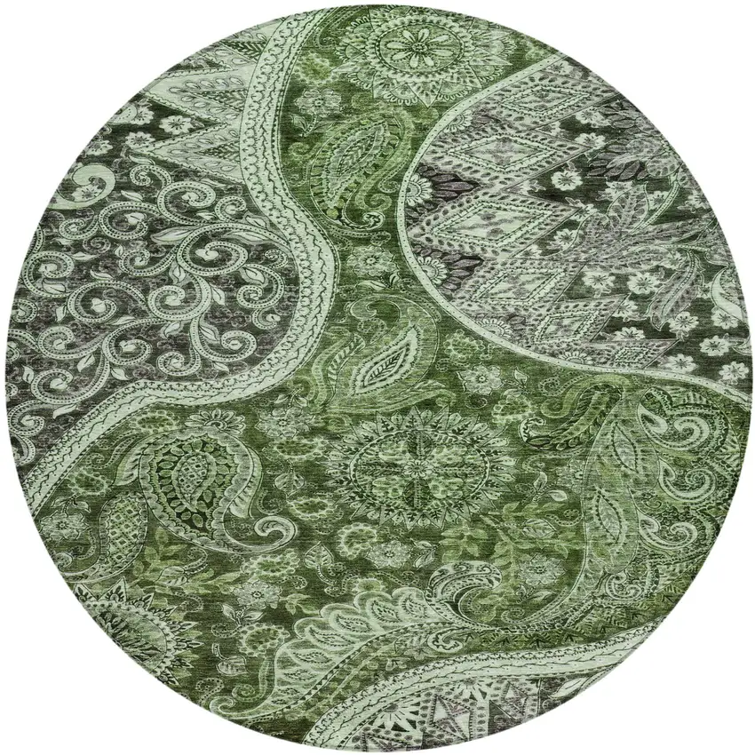 8' Olive Green Charcoal And Gray Round Floral Medallion Washable Indoor Outdoor Area Rug Photo 2