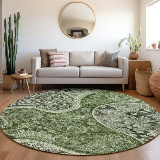 8' Olive Green Charcoal And Gray Round Floral Medallion Washable Indoor Outdoor Area Rug Photo 8
