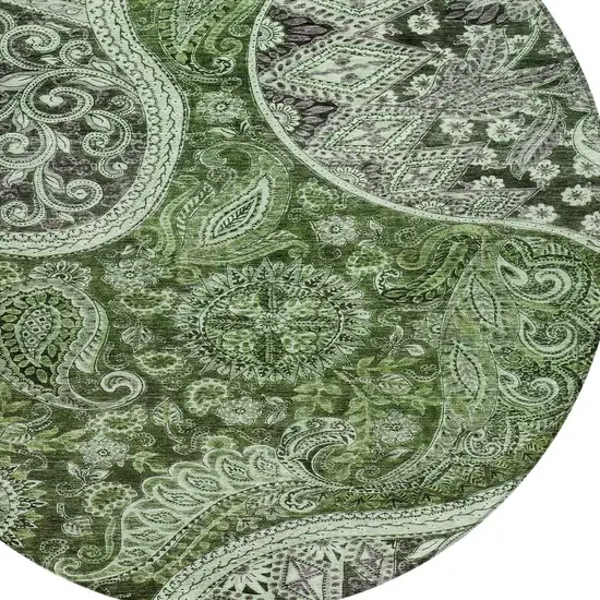 8' Olive Green Charcoal And Gray Round Floral Medallion Washable Indoor Outdoor Area Rug Photo 5