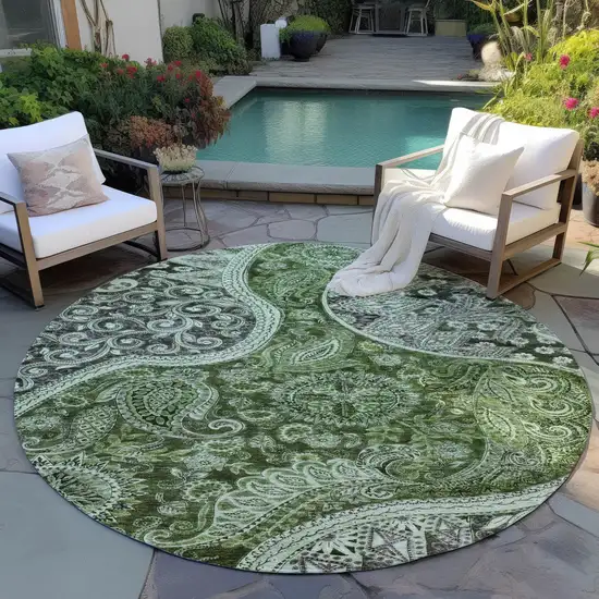 8' Olive Green Charcoal And Gray Round Floral Medallion Washable Indoor Outdoor Area Rug Photo 7