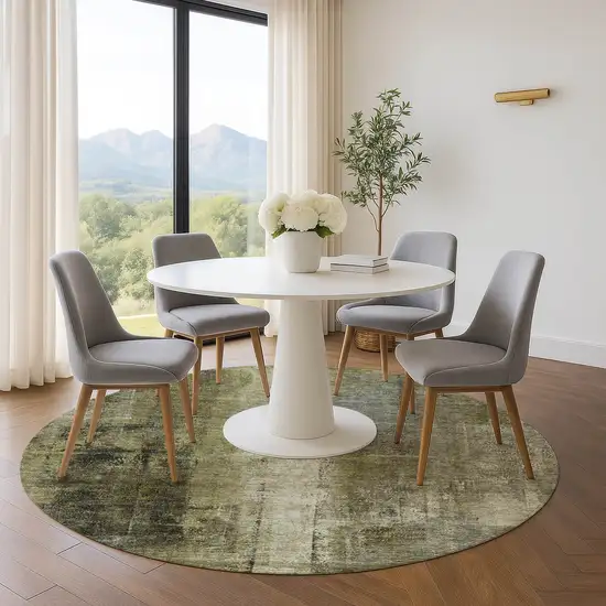 8' Olive Green Charcoal And Ivory Abstract Washable Round Rug With UV Protection Photo 5