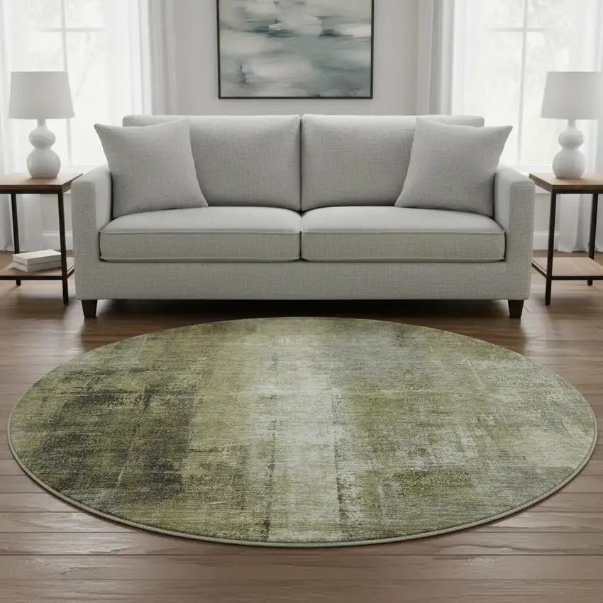 8' Olive Green Charcoal And Ivory Abstract Washable Round Rug With UV Protection Photo 2