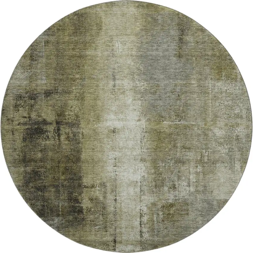 8' Olive Green Charcoal And Ivory Abstract Washable Round Rug With UV Protection Photo 1