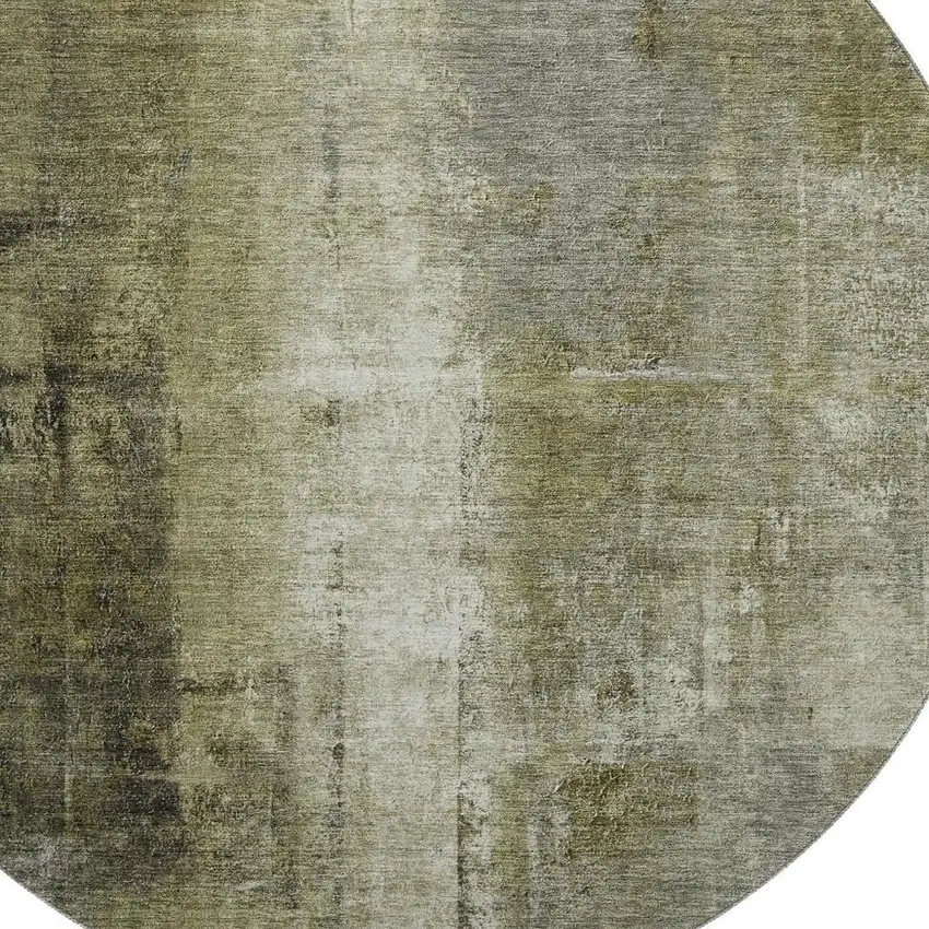 8' Olive Green Charcoal And Ivory Abstract Washable Round Rug With UV Protection Photo 3
