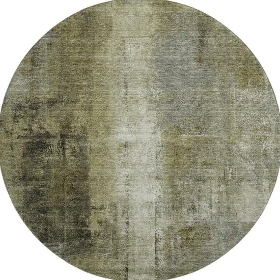 8' Olive Green Charcoal And Ivory Abstract Washable Round Rug With UV Protection Photo 4