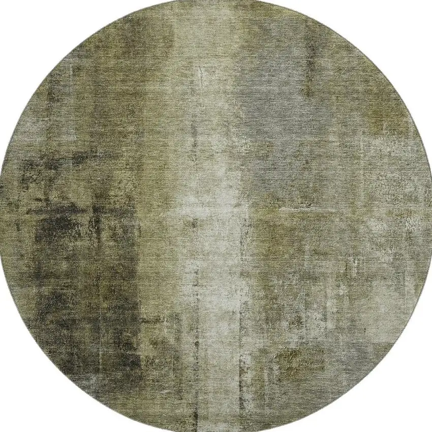 8' Olive Green Charcoal And Ivory Abstract Washable Round Rug With UV Protection Photo 4