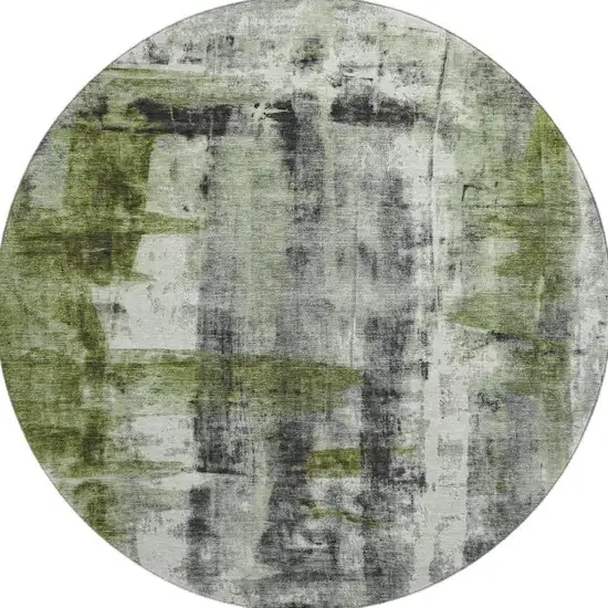 8' Olive Green Charcoal And Ivory Abstract Washable Round Rug With UV Protection Photo 4