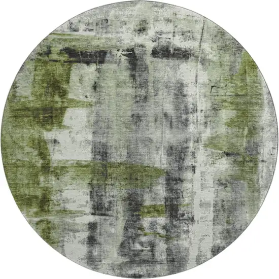 8' Olive Green Charcoal And Ivory Abstract Washable Round Rug With UV Protection Photo 1