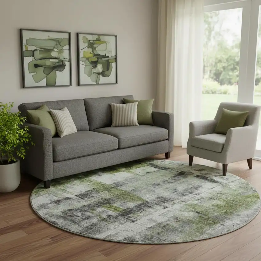 8' Olive Green Charcoal And Ivory Abstract Washable Round Rug With UV Protection Photo 2