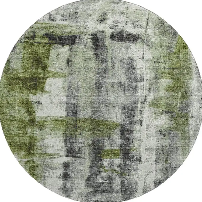 8' Olive Green Charcoal And Ivory Abstract Washable Round Rug With UV Protection Photo 4