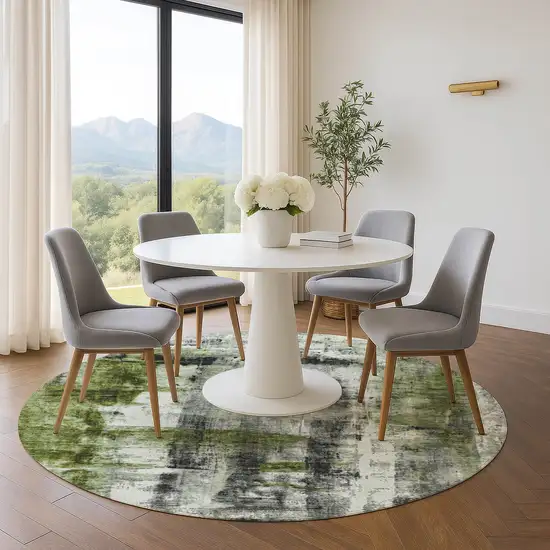 8' Olive Green Charcoal And Ivory Abstract Washable Round Rug With UV Protection Photo 5