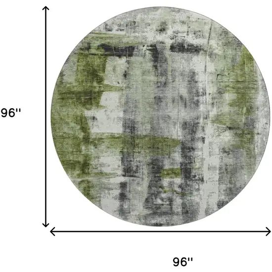 8' Olive Green Charcoal And Ivory Abstract Washable Round Rug With UV Protection Photo 8