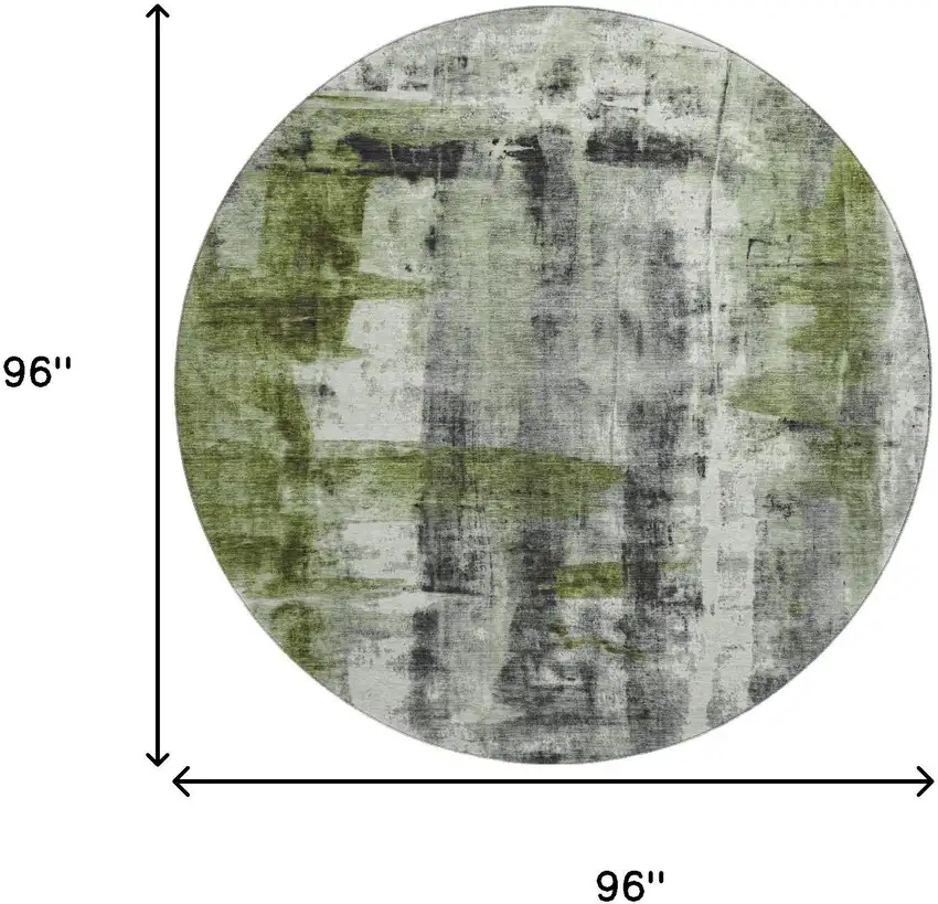 8' Olive Green Charcoal And Ivory Abstract Washable Round Rug With UV Protection Photo 8