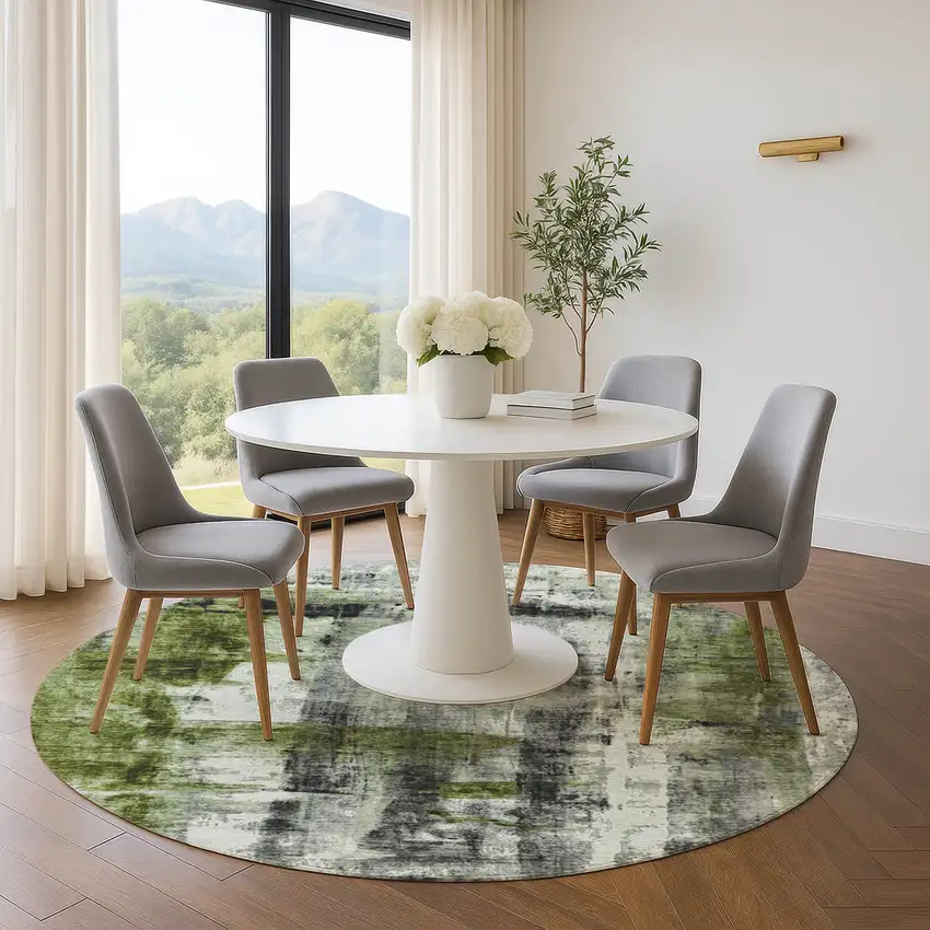 8' Olive Green Charcoal And Ivory Abstract Washable Round Rug With UV Protection Photo 5