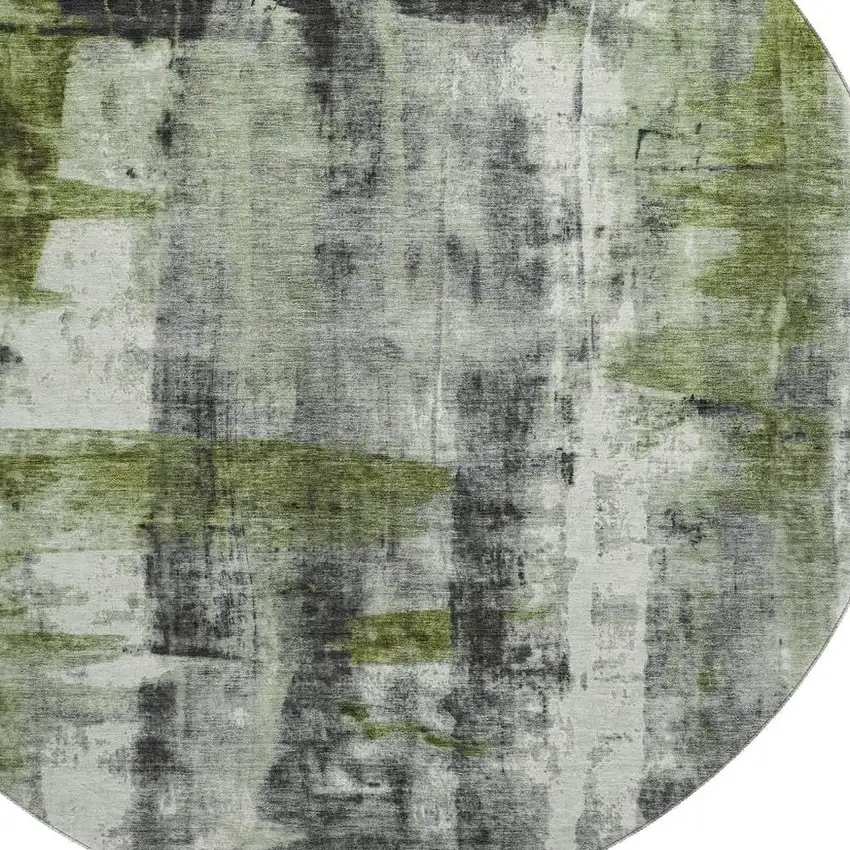 8' Olive Green Charcoal And Ivory Abstract Washable Round Rug With UV Protection Photo 3