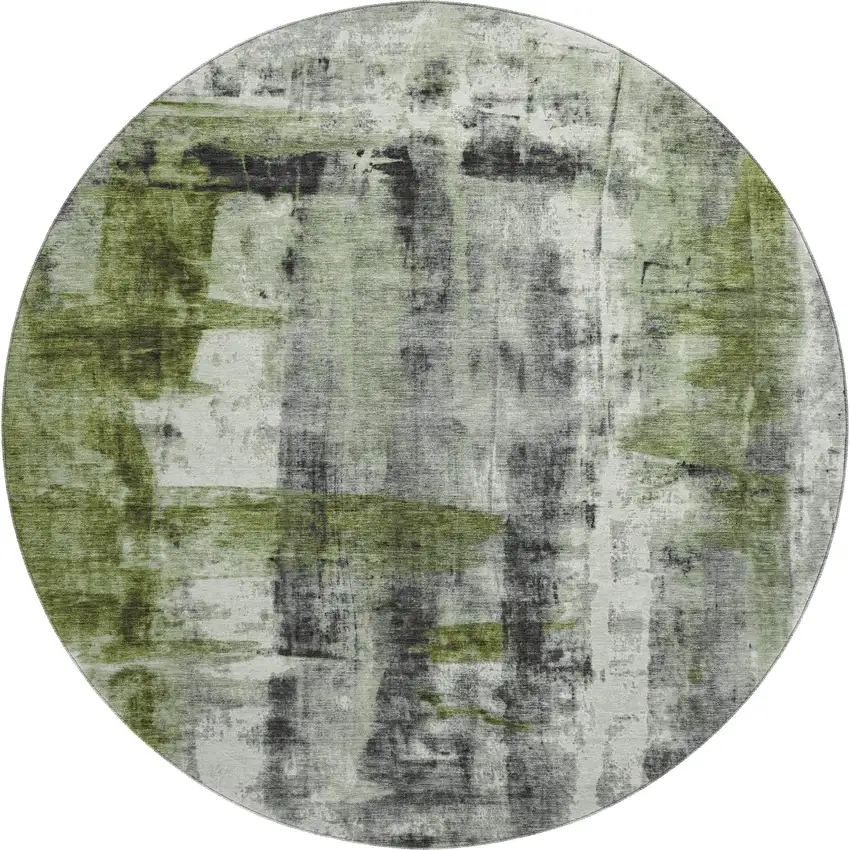 8' Olive Green Charcoal And Ivory Abstract Washable Round Rug With UV Protection Photo 2