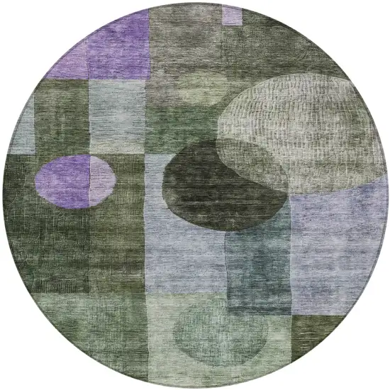 8' Olive Green Charcoal And Purple Round Geometric Washable Indoor Outdoor Area Rug Photo 2