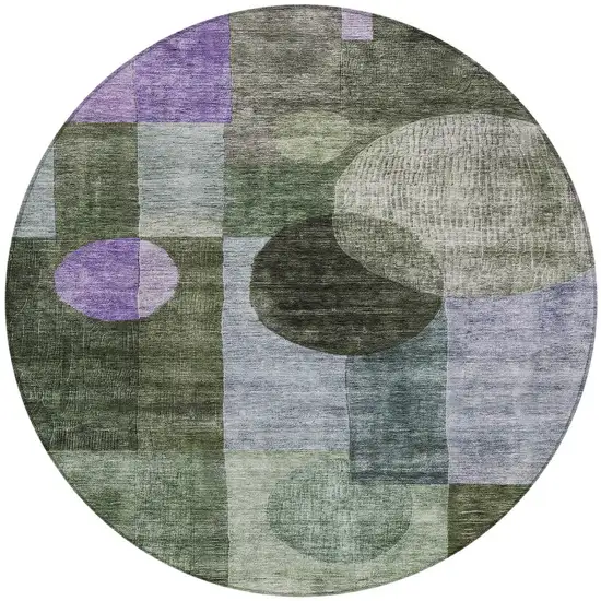 8' Olive Green Charcoal And Purple Round Geometric Washable Indoor Outdoor Area Rug Photo 6