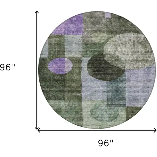 8' Olive Green Charcoal And Purple Round Geometric Washable Indoor Outdoor Area Rug Photo 9
