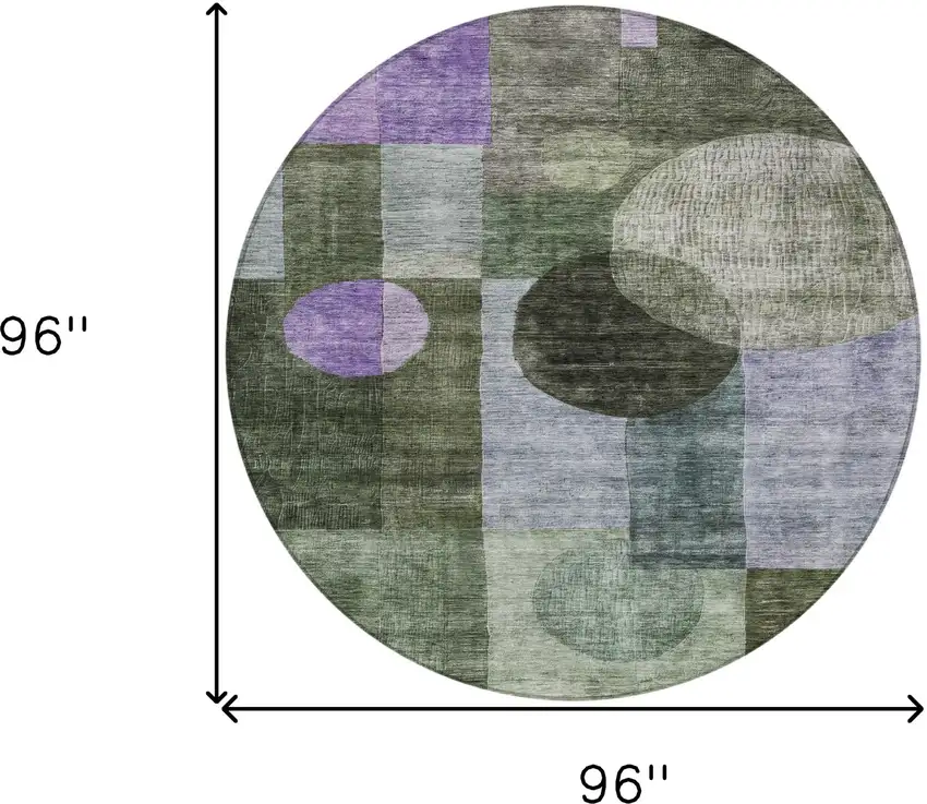 8' Olive Green Charcoal And Purple Round Geometric Washable Indoor Outdoor Area Rug Photo 9