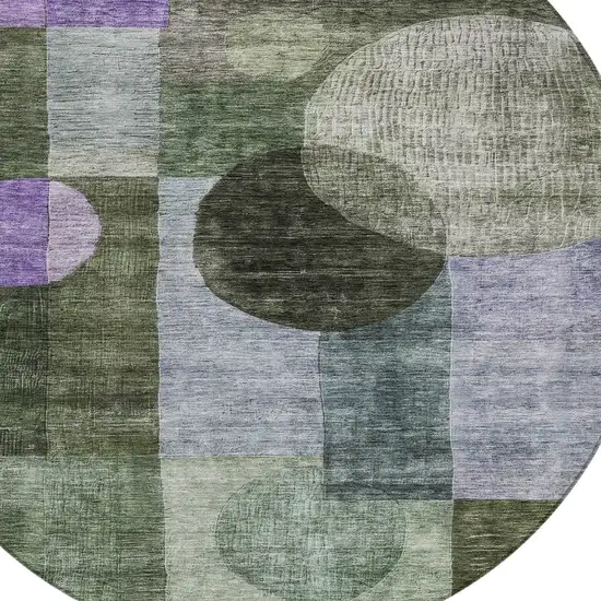 8' Olive Green Charcoal And Purple Round Geometric Washable Indoor Outdoor Area Rug Photo 5