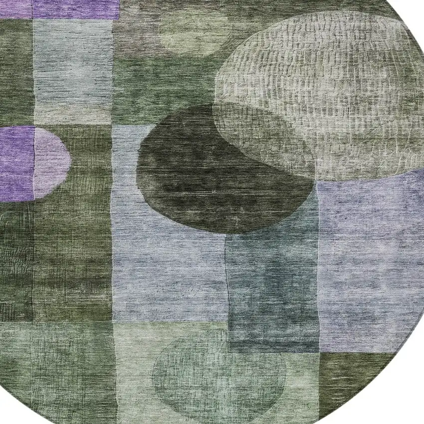 8' Olive Green Charcoal And Purple Round Geometric Washable Indoor Outdoor Area Rug Photo 5