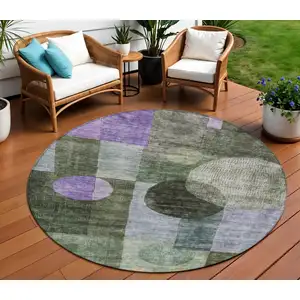 Photo of 8' Olive Green Charcoal And Purple Round Geometric Washable Indoor Outdoor Area Rug