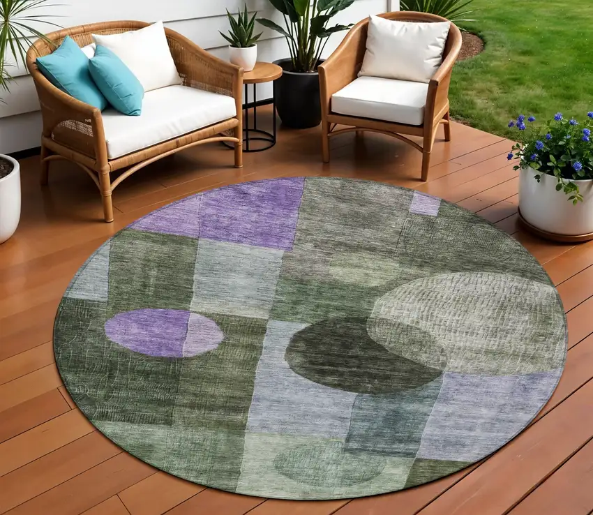 8' Olive Green Charcoal And Purple Round Geometric Washable Indoor Outdoor Area Rug Photo 1