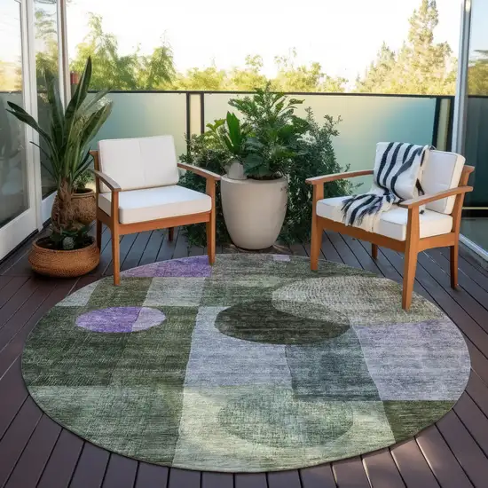 8' Olive Green Charcoal And Purple Round Geometric Washable Indoor Outdoor Area Rug Photo 7