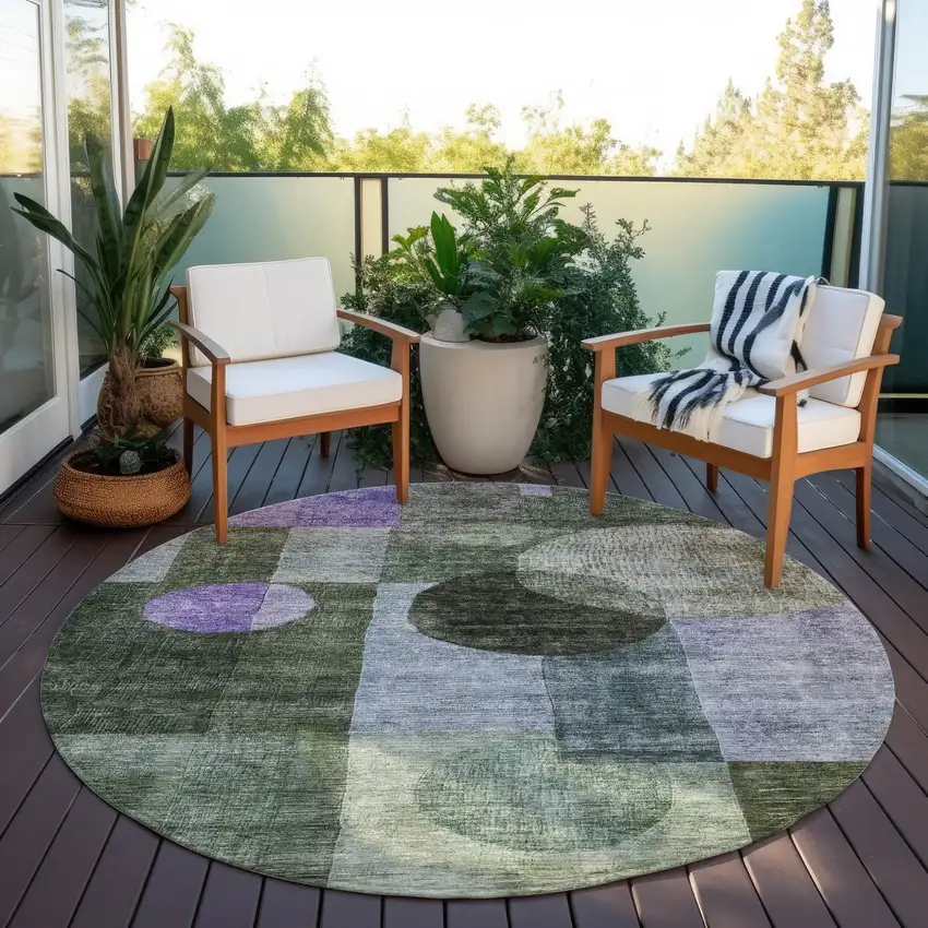 8' Olive Green Charcoal And Purple Round Geometric Washable Indoor Outdoor Area Rug Photo 7