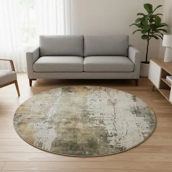8' Olive Green Copper And Ivory Abstract Washable Round Rug With UV Protection Photo 2