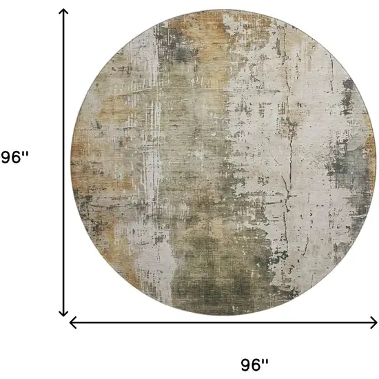 8' Olive Green Copper And Ivory Abstract Washable Round Rug With UV Protection Photo 9