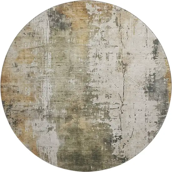 8' Olive Green Copper And Ivory Abstract Washable Round Rug With UV Protection Photo 1