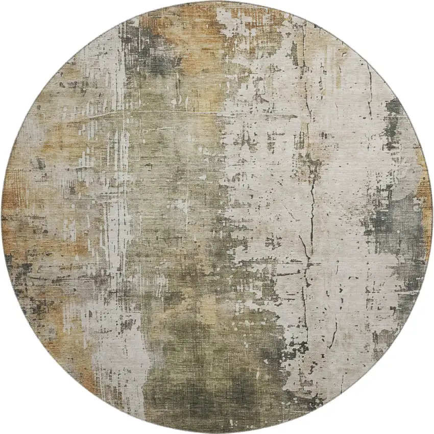8' Olive Green Copper And Ivory Abstract Washable Round Rug With UV Protection Photo 1