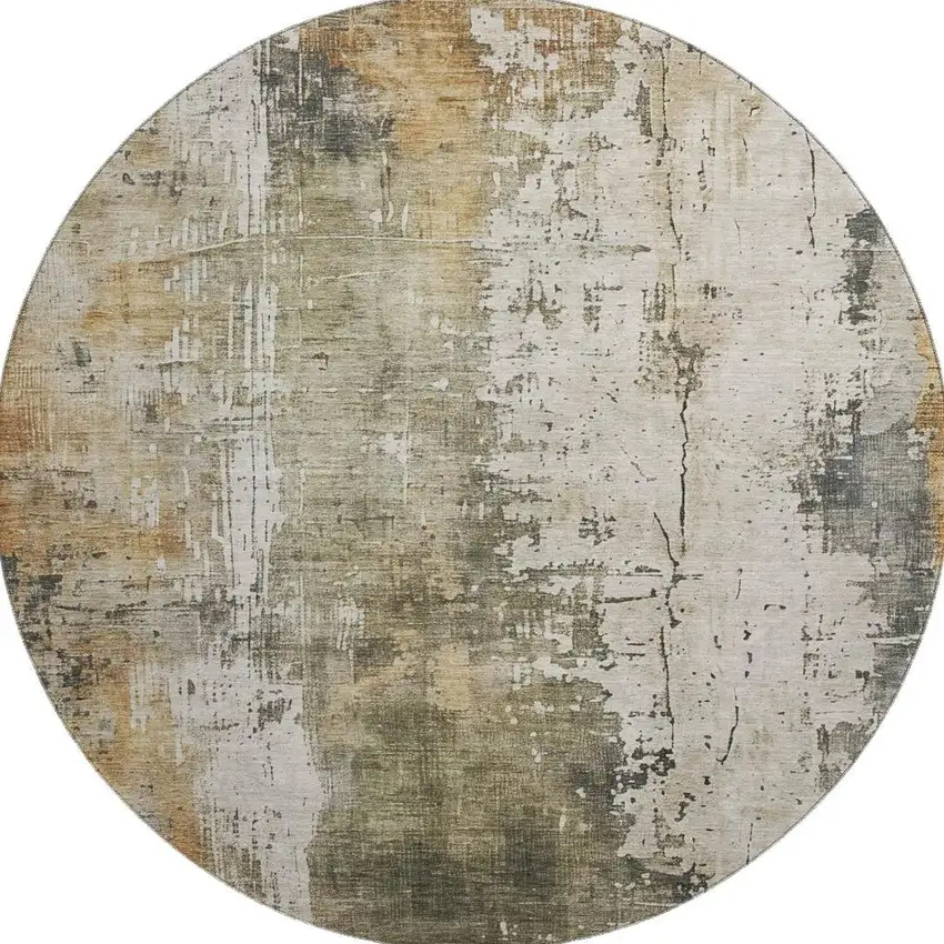8' Olive Green Copper And Ivory Abstract Washable Round Rug With UV Protection Photo 2