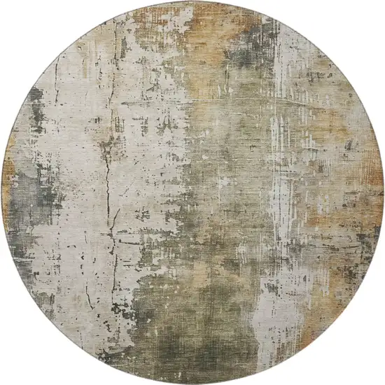 8' Olive Green Copper And Ivory Abstract Washable Round Rug With UV Protection Photo 3