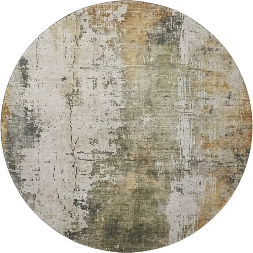 8' Olive Green Copper And Ivory Abstract Washable Round Rug With UV Protection Photo 3