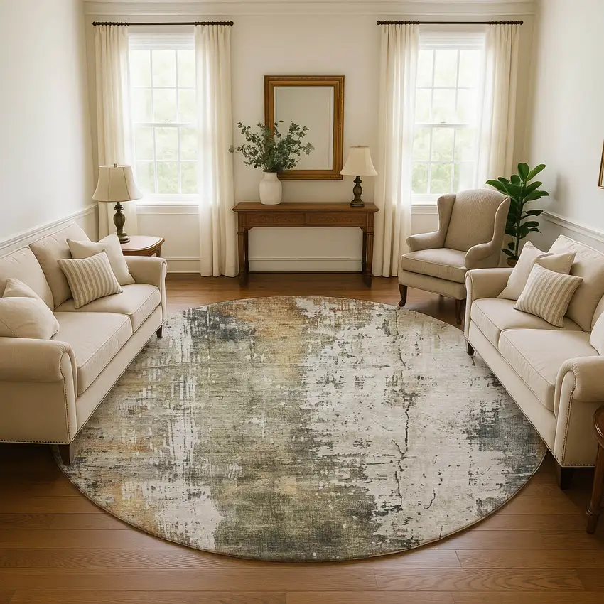 8' Olive Green Copper And Ivory Abstract Washable Round Rug With UV Protection Photo 4