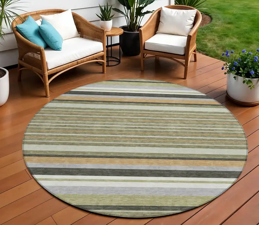8' Olive Green Copper And Ivory Round Striped Washable Indoor Outdoor Area Rug Photo 1