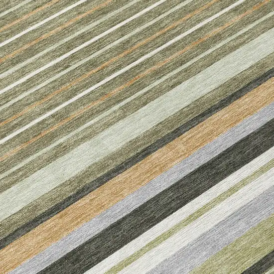 8' Olive Green Copper And Ivory Round Striped Washable Indoor Outdoor Area Rug Photo 9