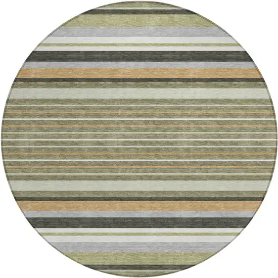 8' Olive Green Copper And Ivory Round Striped Washable Indoor Outdoor Area Rug Photo 2