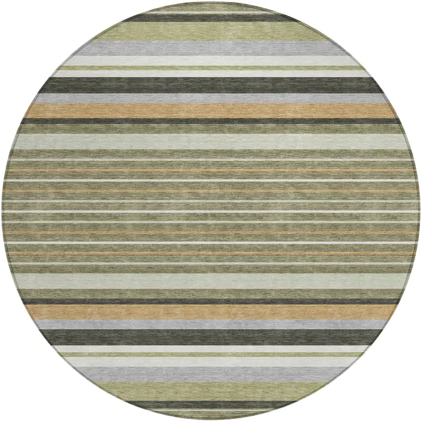 8' Olive Green Copper And Ivory Round Striped Washable Indoor Outdoor Area Rug Photo 2