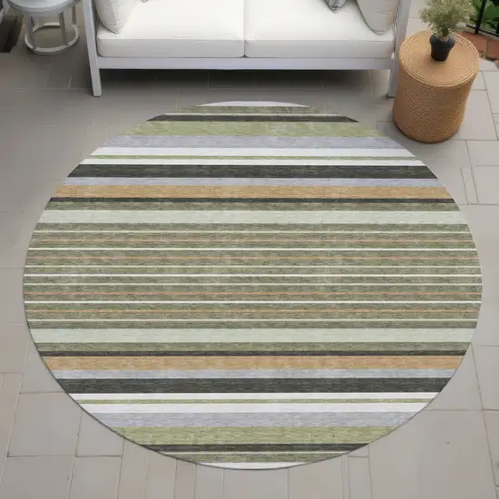8' Olive Green Copper And Ivory Round Striped Washable Indoor Outdoor Area Rug Photo 7