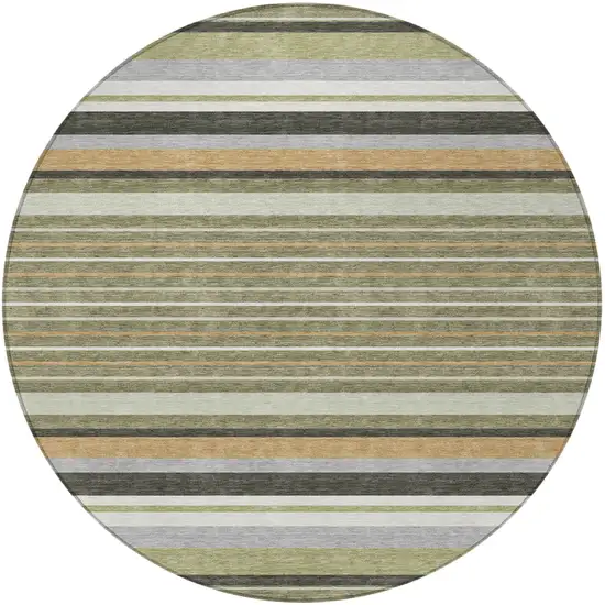 8' Olive Green Copper And Ivory Round Striped Washable Indoor Outdoor Area Rug Photo 4