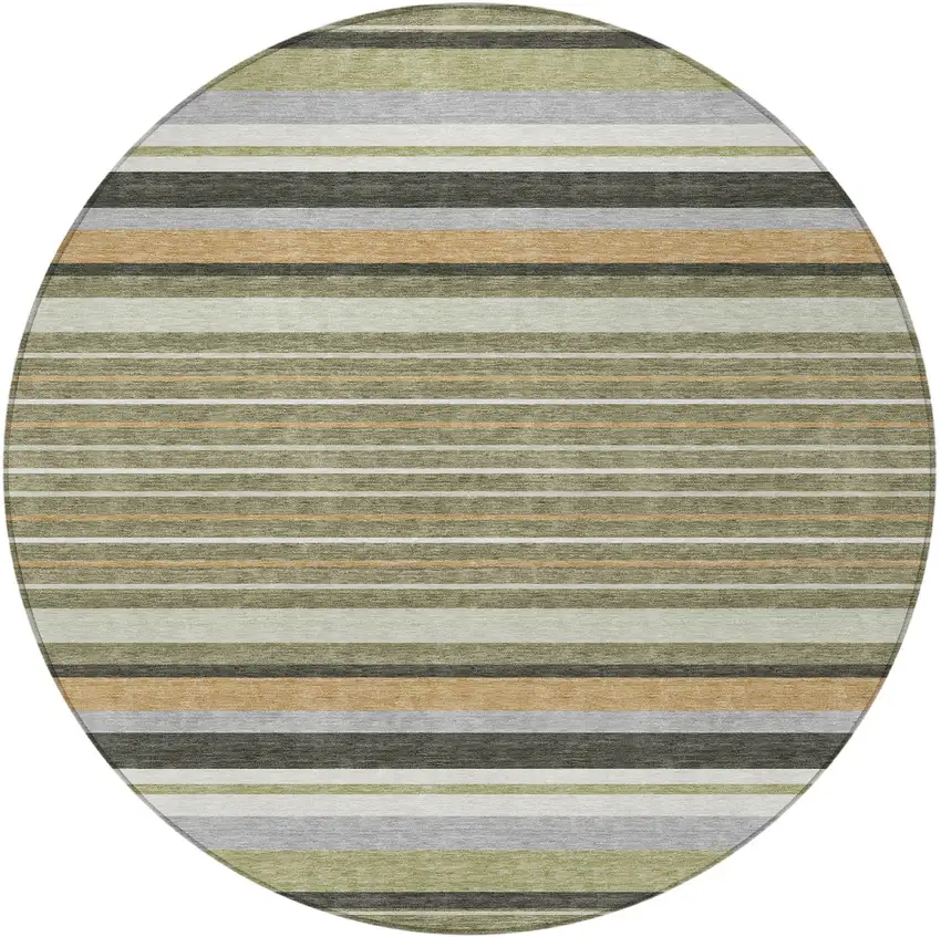 8' Olive Green Copper And Ivory Round Striped Washable Indoor Outdoor Area Rug Photo 4