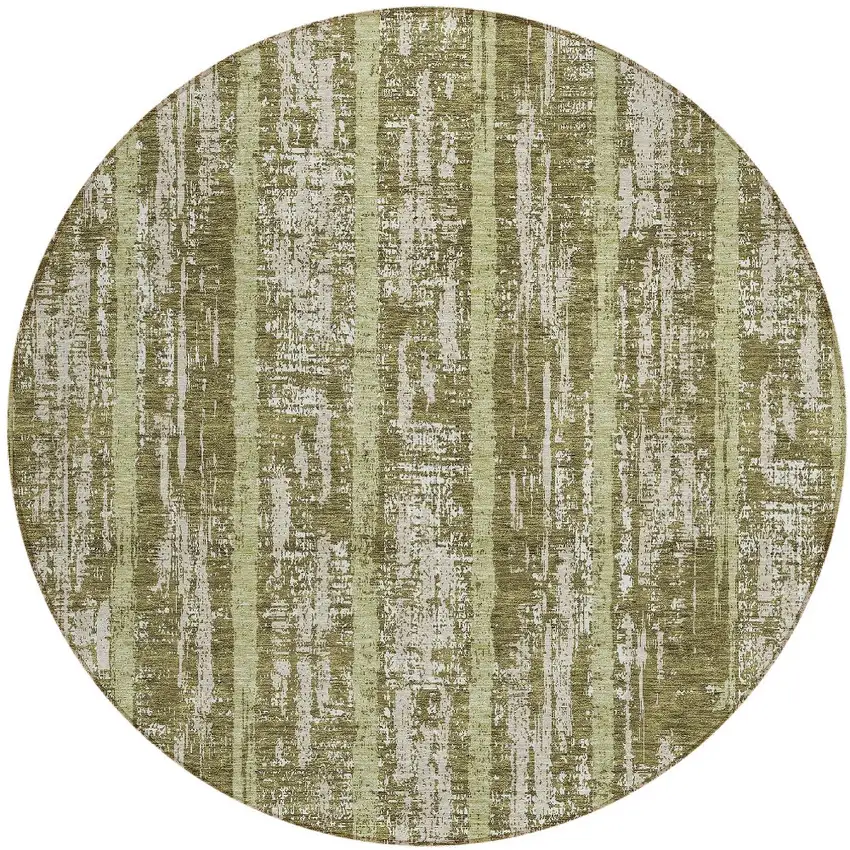 8' Olive Green Dark Green And Beige Round Striped Washable Indoor Outdoor Area Rug Photo 4