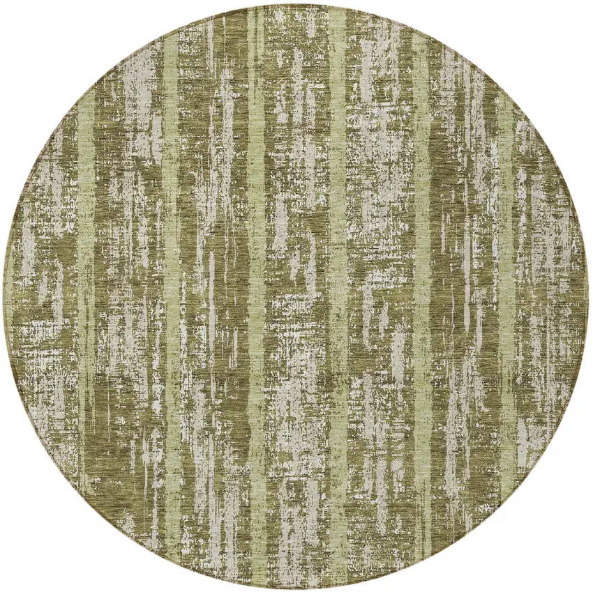 8' Olive Green Dark Green And Beige Round Striped Washable Indoor Outdoor Area Rug Photo 5