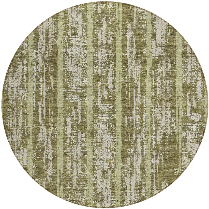 8' Olive Green Dark Green And Beige Round Striped Washable Indoor Outdoor Area Rug Photo 2