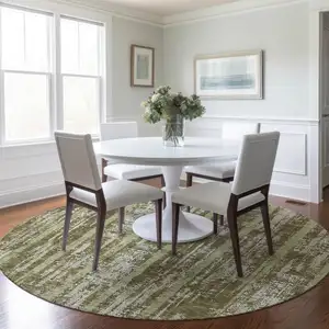 Photo of 8' Olive Green Dark Green And Beige Round Striped Washable Indoor Outdoor Area Rug